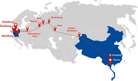 Minh họa tuyến đường sắt Á-Âu nối liền Hà Nội và nước Đức - Ảnh: Hellmann Worldwide Logistics